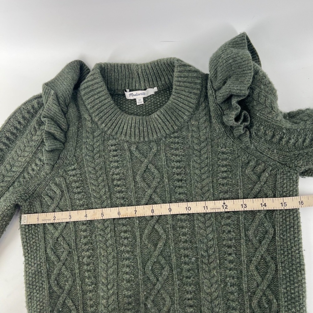 Madewell Hollydene Sweater XS Green Merino Wool Cable Knit Ruffle Puff Sleeve - Picture 6 of 8
